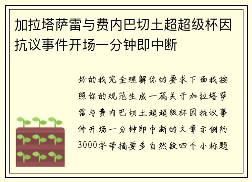 加拉塔萨雷与费内巴切土超超级杯因抗议事件开场一分钟即中断 加拉塔萨雷与费内巴切土超超级杯因抗议事件开场一分钟即中断