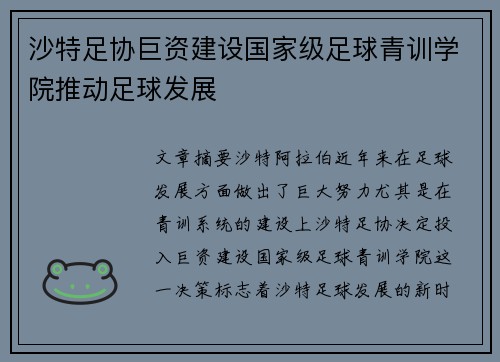 沙特足协巨资建设国家级足球青训学院推动足球发展