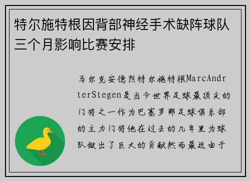 特尔施特根因背部神经手术缺阵球队三个月影响比赛安排 特尔施特根因背部神经手术缺阵球队三个月影响比赛安排